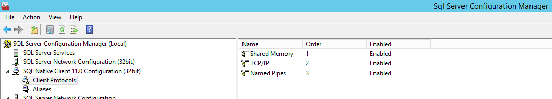 Windows Microsoft SQL Server Configuration Manager window with Client Protocols selected in the left panel under SQL Native Client 11.0 Configuration